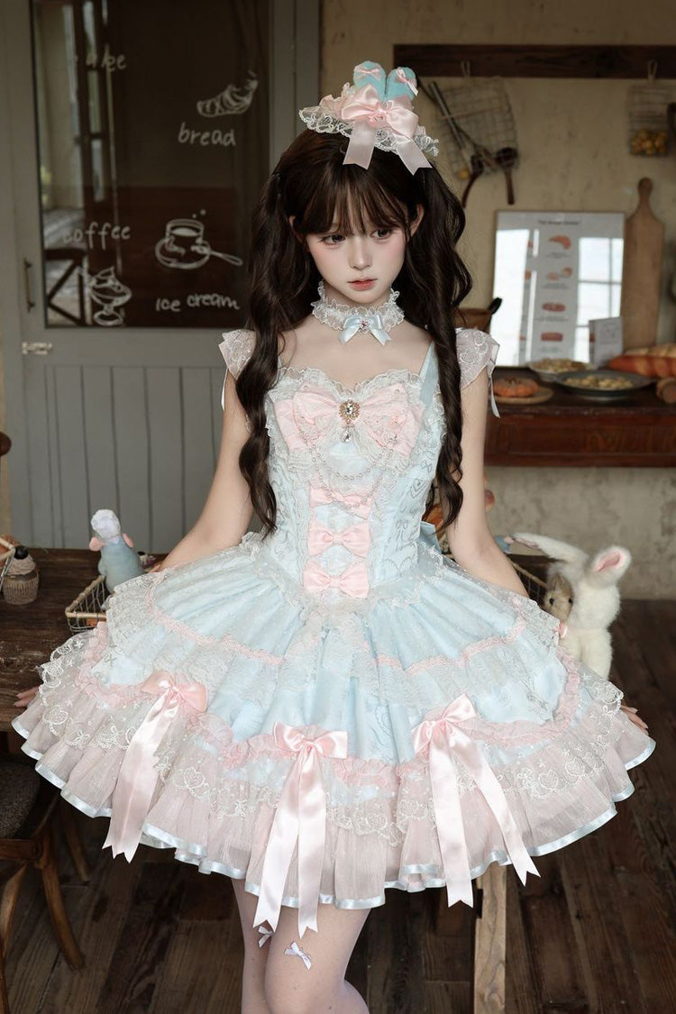 Blue [Candy Satin Ballet] Square Collar Sleeveless Multi-Layered Ruffled Bow Lace Pearl Detail Sweet Lolita Jsk Dress - Product - 6