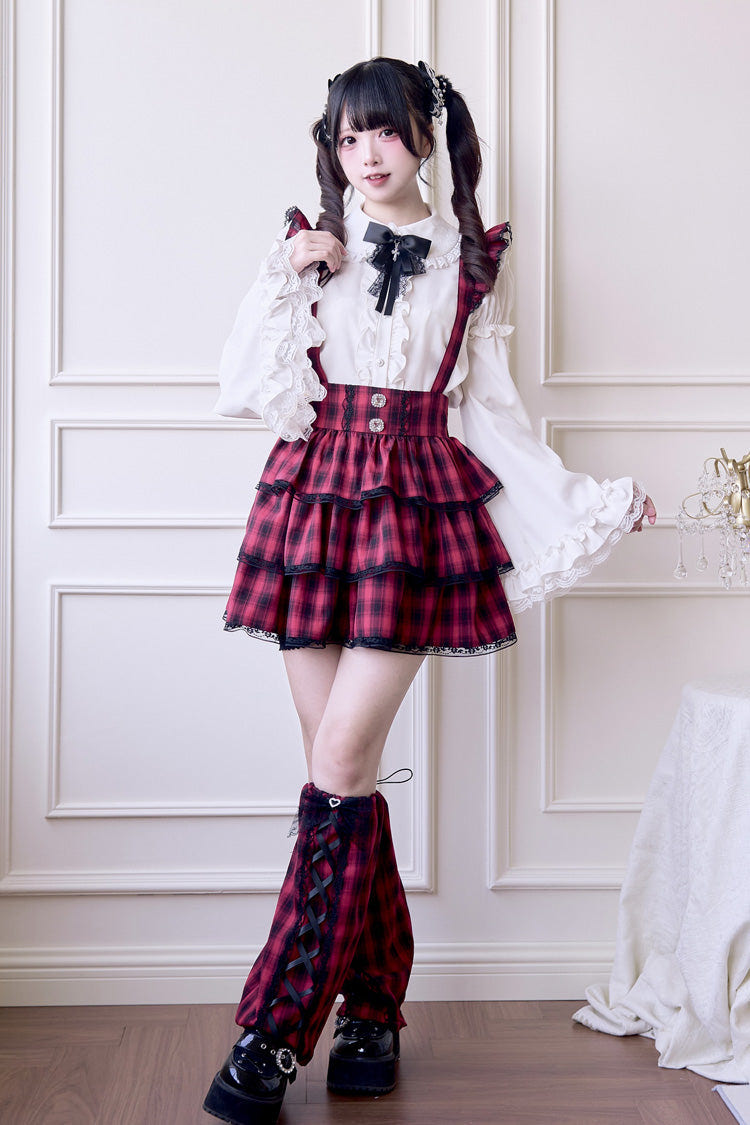 Red Triple-Layered Plaid Print Ruffle Gothic Jirai Kei Japanese Strap Dress - Product - 2