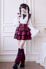 Red Triple-Layered Plaid Print Ruffle Gothic Jirai Kei Japanese Strap Dress - Product - 2