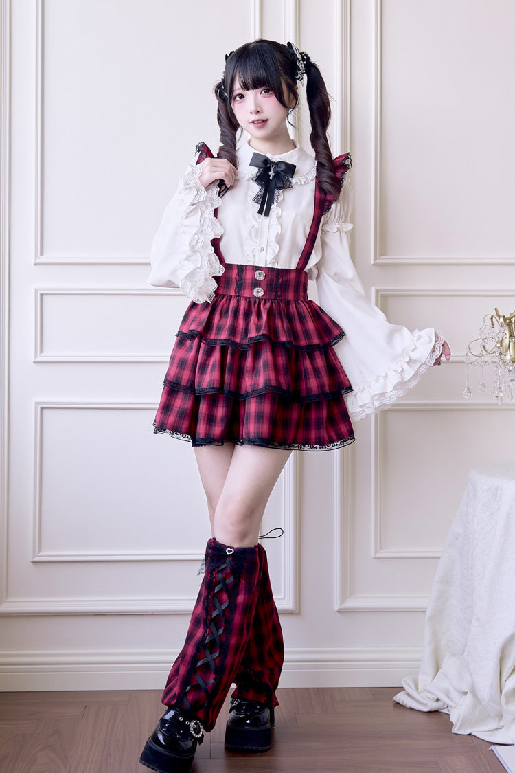 Red Triple-Layered Plaid Print Ruffle Gothic Jirai Kei Japanese Strap Dress - Product - 2