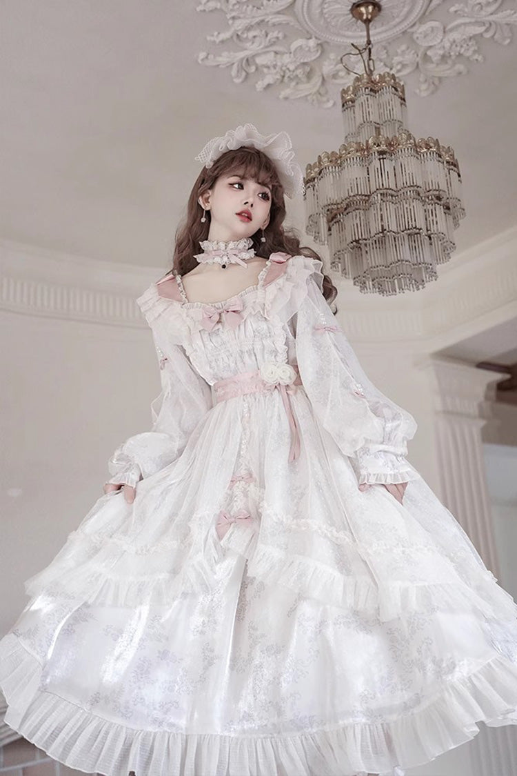 Ivory Long Sleeves Rose Print Bowknot Sweet Princess Lolita Dress - Product - 8