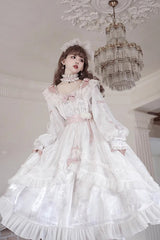 Ivory Long Sleeves Rose Print Bowknot Sweet Princess Lolita Dress - Product - 8