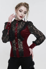 Red Velvet High Neck Lace Fake Bra Design Splicing Three-Dimensional Butterfly Mesh Women's Gothic Shirt - Product - 2