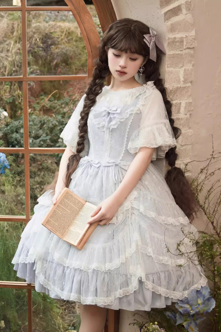 Blue Iris Love Multi-layer Jacquard Bowknot Sweet Elegant Princess Lolita Jsk Dress - Product - 6