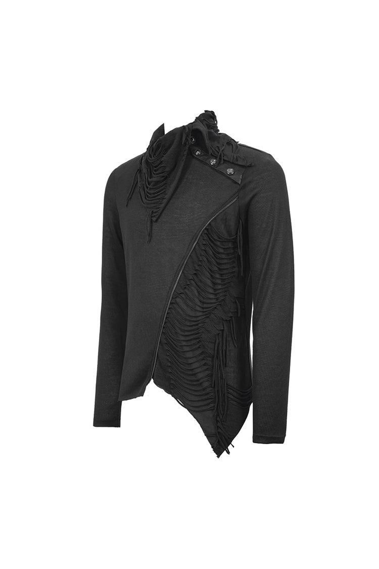 Black Ragged Turn-Down Collar Woolen Long Sleeve Irregular Hem Men's Punk T-Shirt - Product - 7