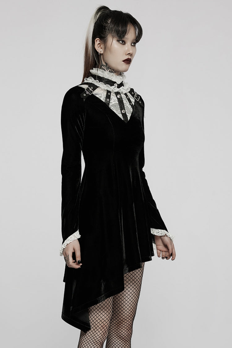 Long Trumpet Sleeves Stitching Lace Irregular Asymmetric Women's Gothic Dress 2 Colors - Product - 10