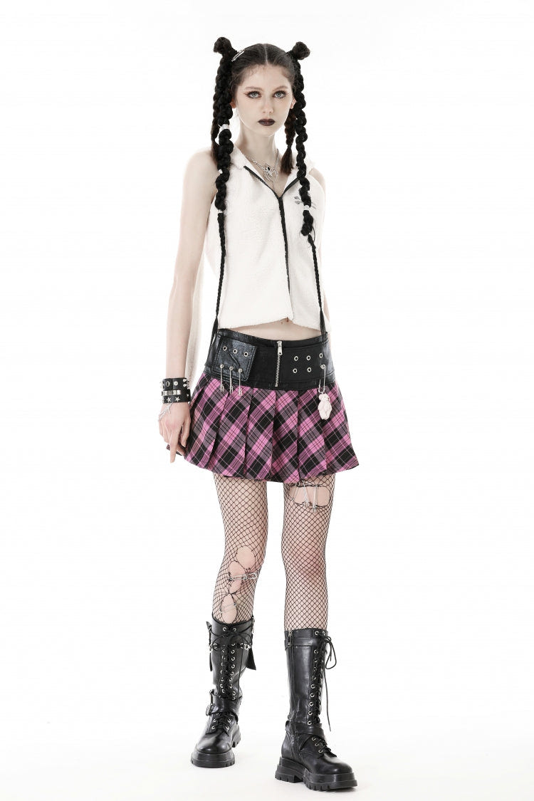 Black/Pink Women's Punk Grunge Zippered Faux Leather Spliced Plaid Pleated Mini Skirt - Product - 8