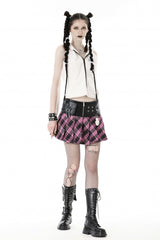 Black/Pink Women's Punk Grunge Zippered Faux Leather Spliced Plaid Pleated Mini Skirt - Product - 8