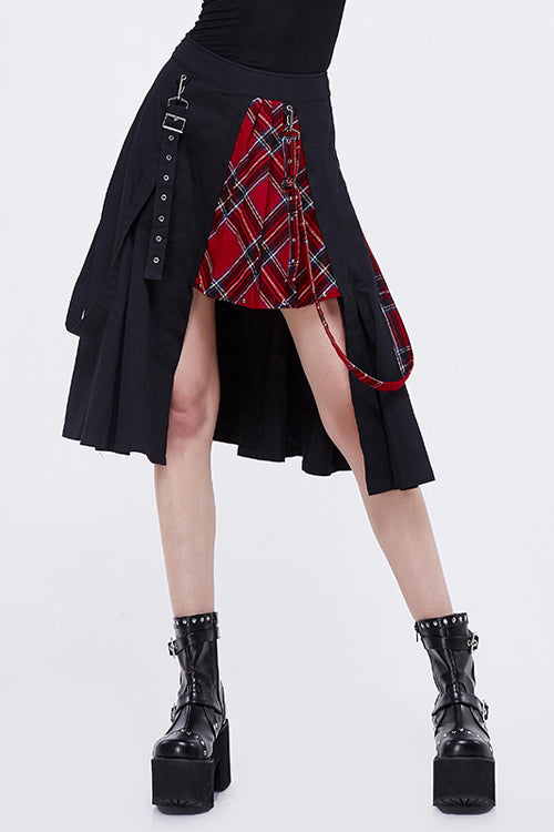 Black And Red Young Girls Fake 2 Pieces Scottish Plaid With Adjust Loops Punk Skirt - Black/Red - 1