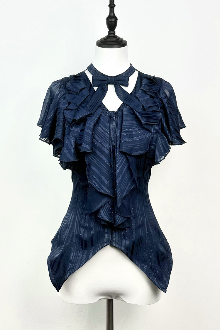 Blue Ruffled Bow Gothic Japanese Lolita Blouse - Product - 4