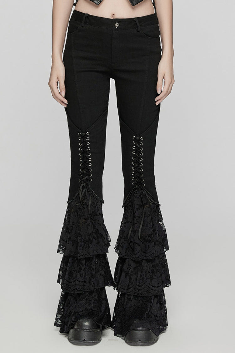 Black Triple-Layered Ruffle Lace-Up Mesh Women's Gothic Pants - Black - 1