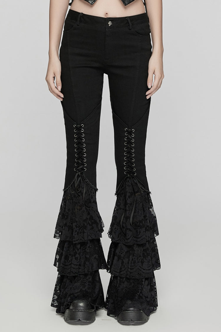 Black Triple-Layered Ruffle Lace-Up Mesh Women's Gothic Pants - Black - 1