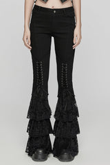 Black Triple-Layered Ruffle Lace-Up Mesh Women's Gothic Pants - Black - 1