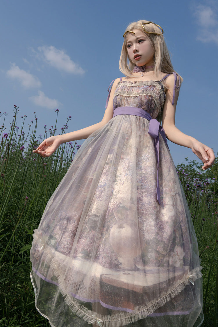 Purple [Oil Painting – In the Shade of Blossoming Trees] Sleeveless Print Ruffle Bowknot Lace Sweet Lolita Jsk Dress - Product - 6