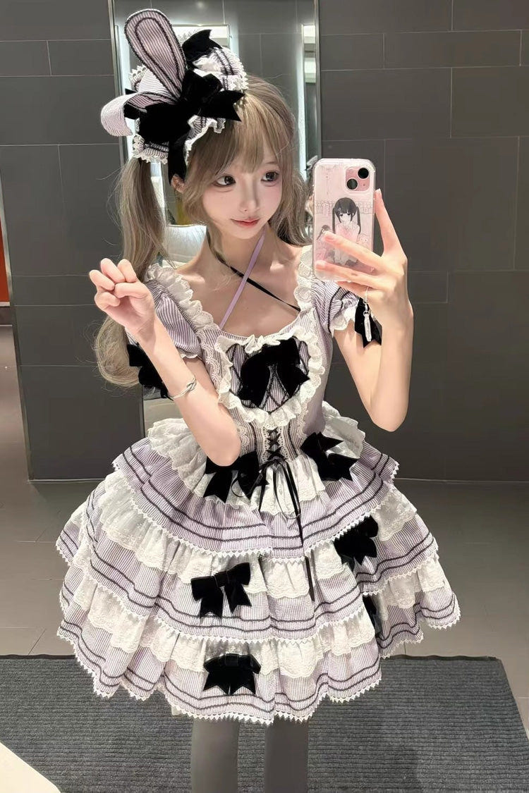 Triple-Layered Short Sleeves Vertical Stripes Print Ruffle Bowknot Lace-Up Sweet Lolita Jsk Dress 2 Colors - Purple - 1