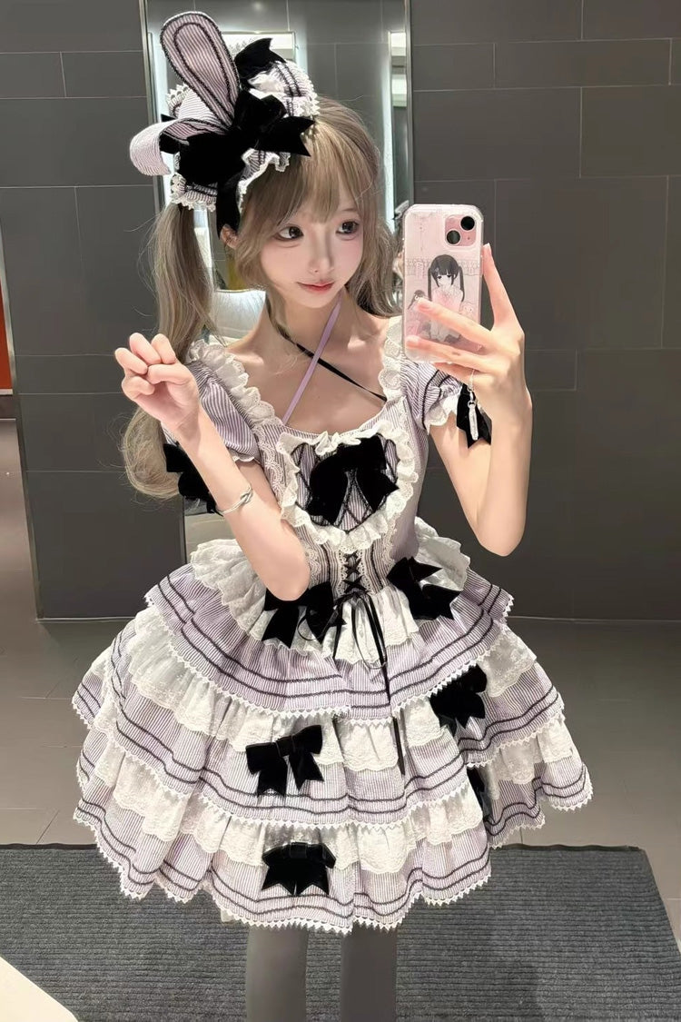 Triple-Layered Short Sleeves Vertical Stripes Print Ruffle Bowknot Lace-Up Sweet Lolita Jsk Dress 2 Colors - Purple - 1