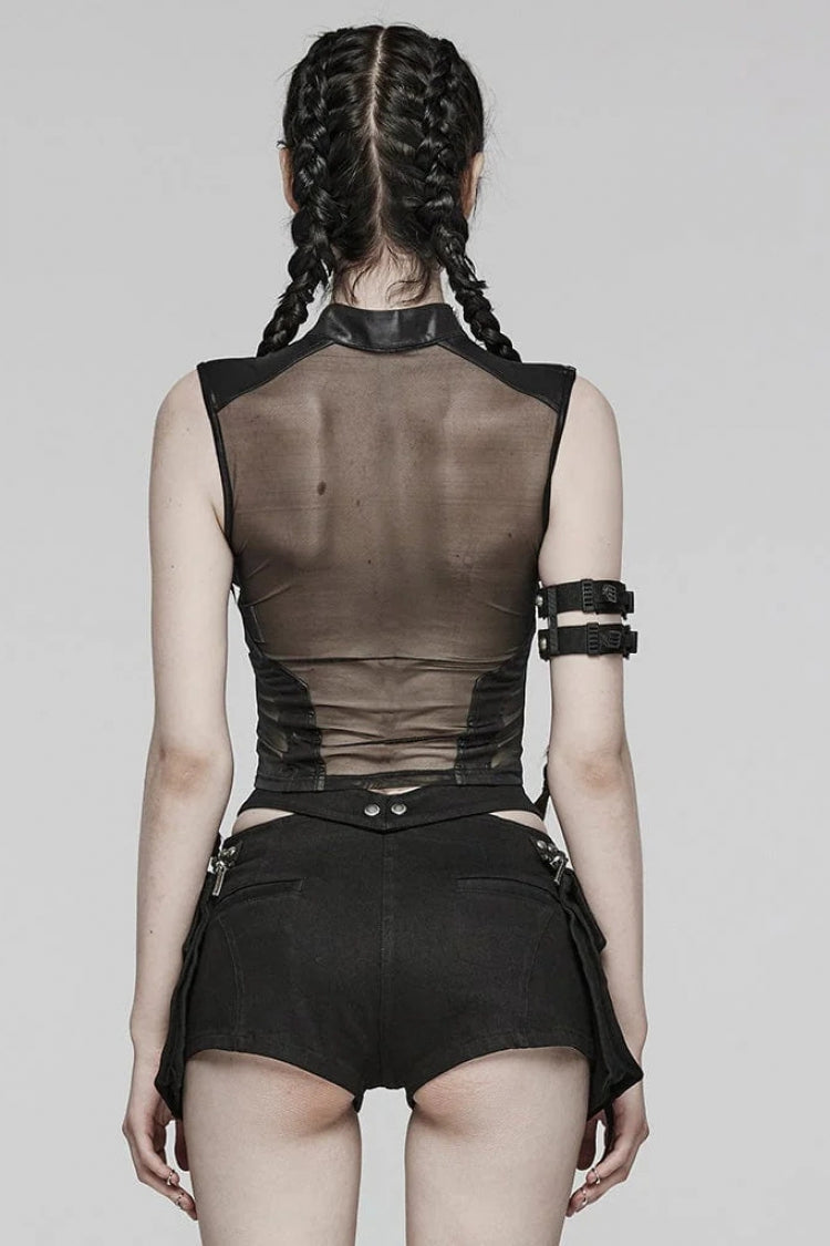 Black Leather Stitching Mesh Sheer Womens Steampunk Vest - Product - 3
