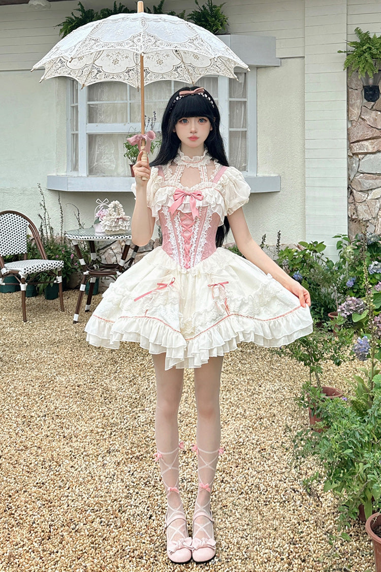 White/Pink Secret Garden Multi-layer Ruffle Bowknot Lace-Up Sweet Princess Lolita Jsk Dress - Product - 5