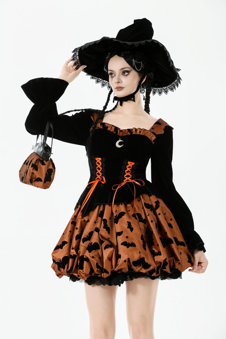 Black/Orange Square Collar Long Sleeves Bat Printed Lace-Up Women's Gothic Pumpkin Halloween Dress - Black/Orange - 1