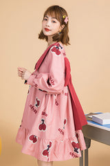 Pink Lapel Collar Long Sleeved Cherry Print Stitching Bowknot Ruffled Slimming Sweet Lolita Dress - Product - 3