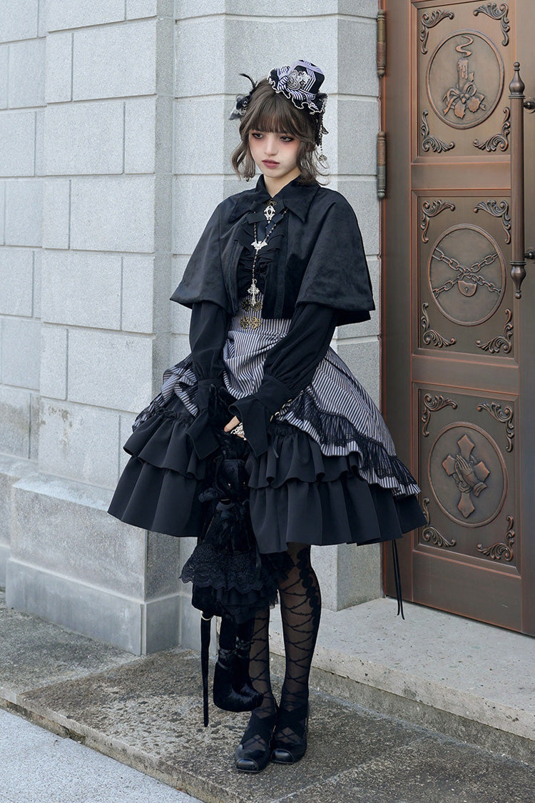 Black [Point Manor] Multi-Layered Striped Printed Ruffled Lifted Hem Bow Gothic Lolita Skirt - Product - 7