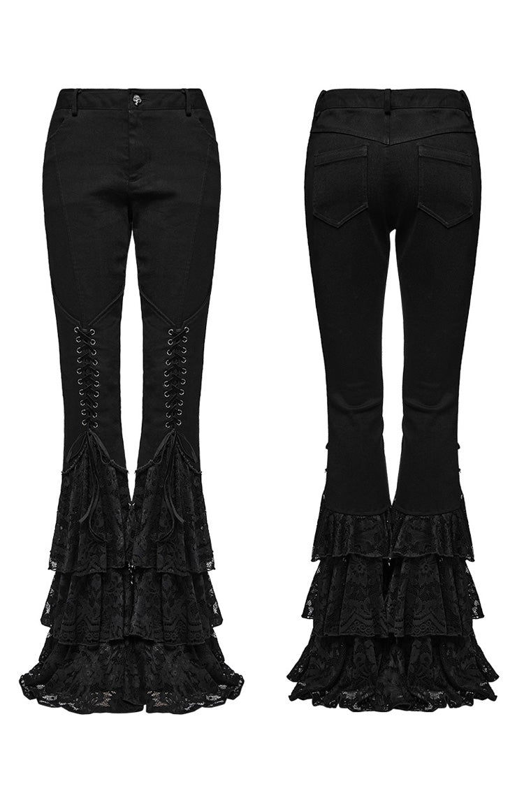 Black Triple-Layered Ruffle Lace-Up Mesh Women's Gothic Pants - Product - 5
