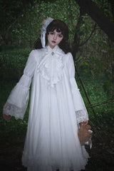 White [Requiem] Stand Collar Long Sleeves Ruffle Lace Gothic Lolita Dress - Product - 9