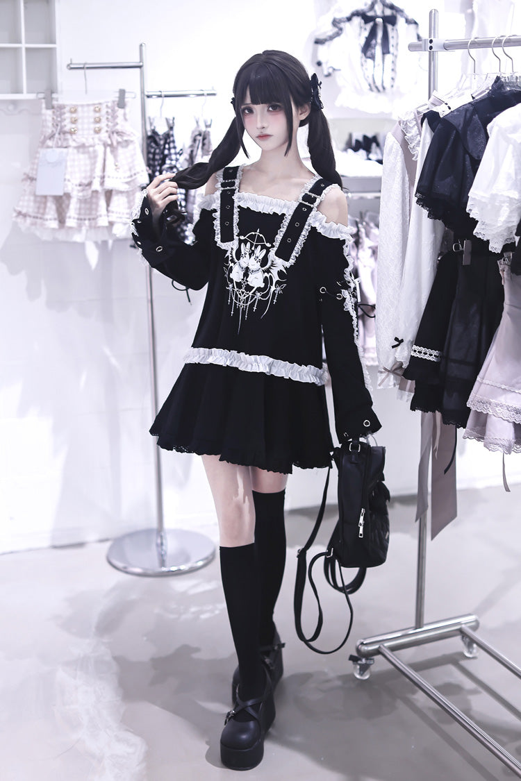 Black [Bandage Bunny] Off Shoulder Long Sleeves Ruffled Embroidered Bow Lace Punk Jirai Kei Japanese Dress - Product - 6