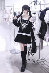Black [Bandage Bunny] Off Shoulder Long Sleeves Ruffled Embroidered Bow Lace Punk Jirai Kei Japanese Dress - Product - 6