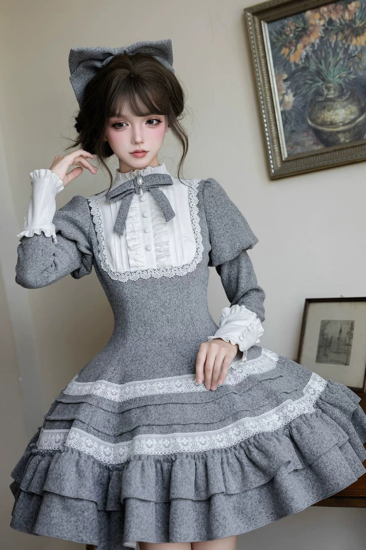 Grey [Letters and Poems · Old Memories] Stand Collar Long Sleeves Double-Layered Ruffled Bow Classic Elegant Lolita Dress 2 Versions - Product - 19