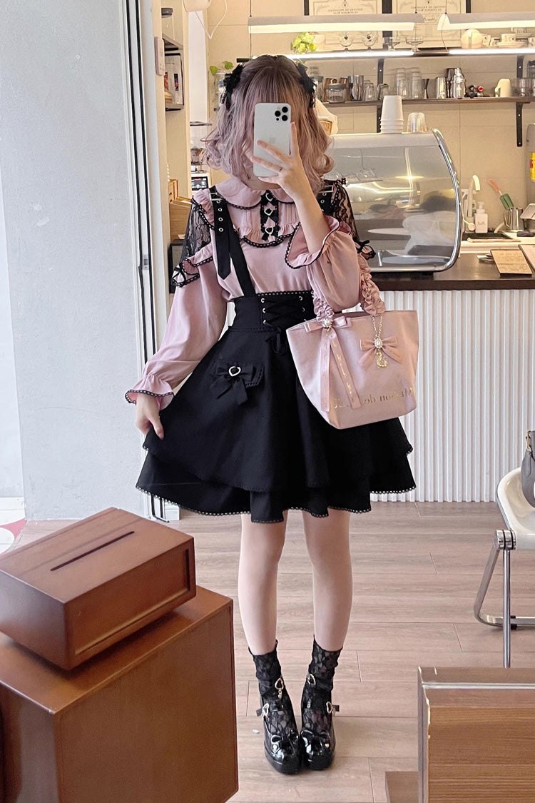 Black Ruffle Bowknot Sweet Jirai Kei Princess Strap Dress - Product - 2