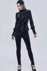 Black Gothic Turtleneck Three-Dimensional Lace Lantern Sleeves Stitched Velvet Lace-Up Long Sleeves Women's Shirt - Product - 7