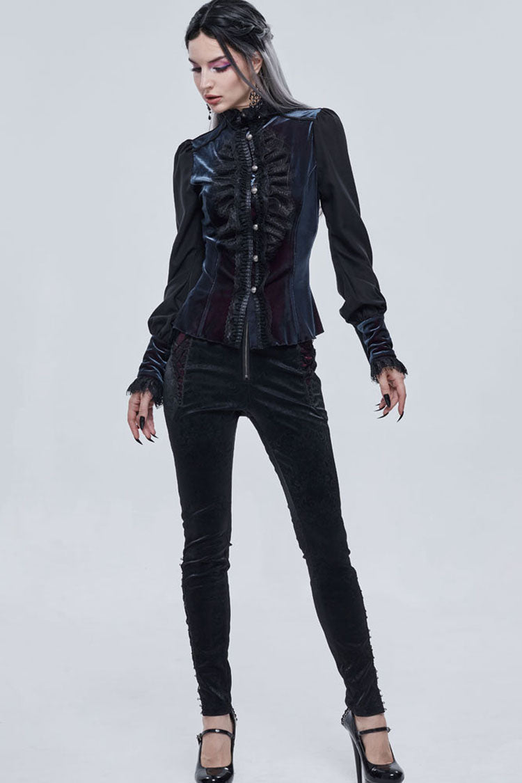 Black Gothic Turtleneck Three-Dimensional Lace Lantern Sleeves Stitched Velvet Lace-Up Long Sleeves Women's Shirt - Product - 7