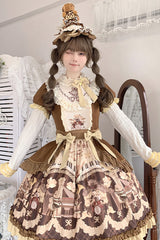 Brown [Little Bear Concerto] Print Ruffle Bowknot Sweet Princess Lolita Dress - Product - 4