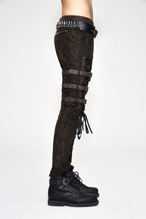 Brown Steampunk Multi Loops Embroider Lace Up Mens Pants - Product - 3