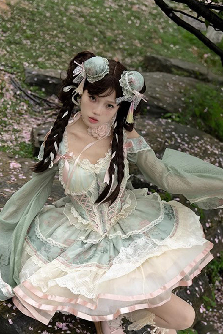 Green Waltz Multi-layer Print Ruffle Bowknot Sweet Chinese Style Elegant Lolita Jsk Dress - Product - 4