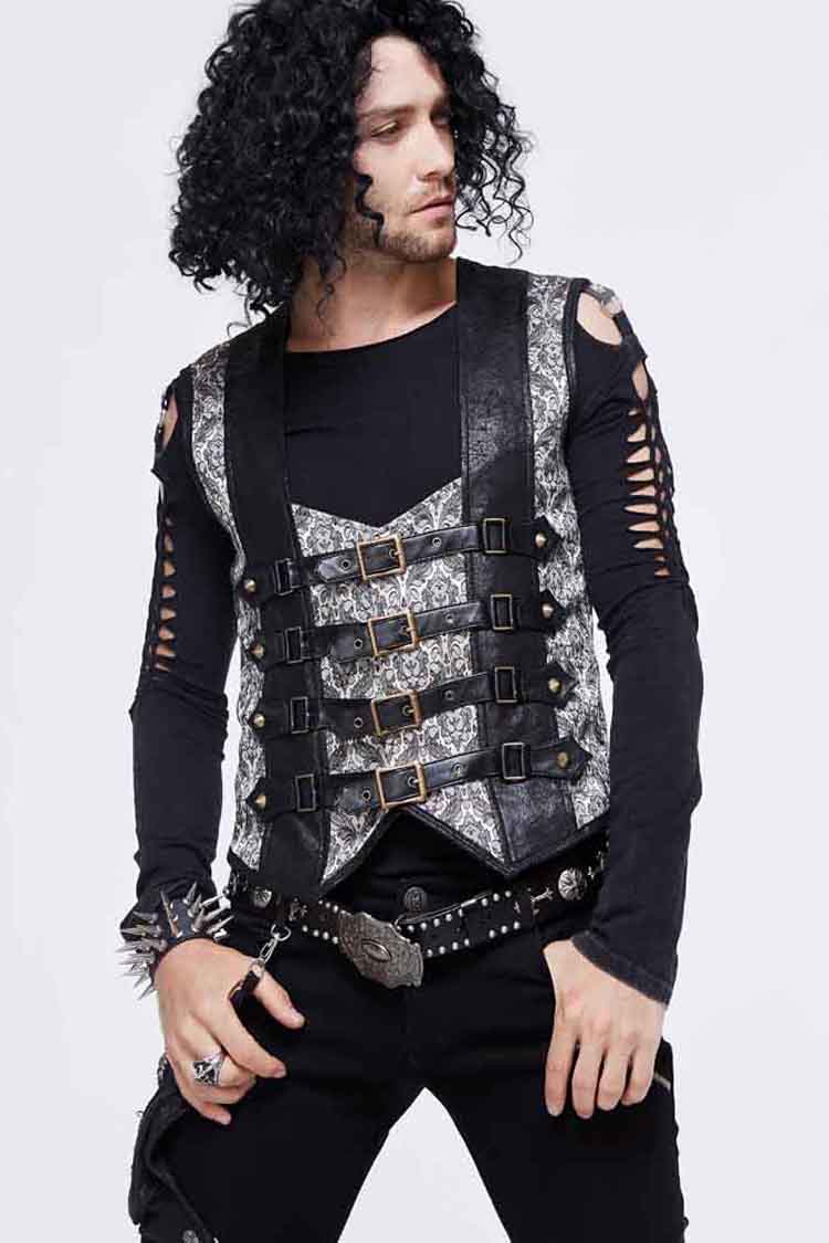 Silver Back Lace Up Jacquard Splice Chest Loop Men's Punk Waistcoat - Product - 2