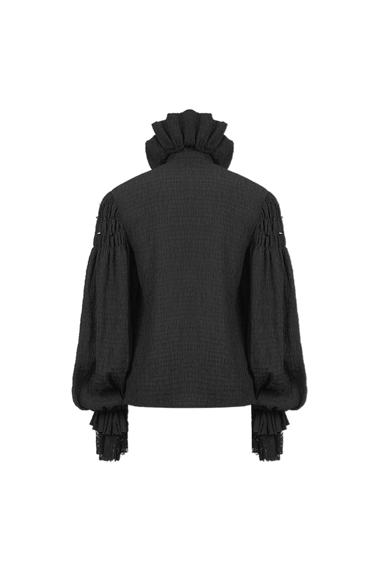 Black High Collar Chiffon Chest Frilly Beading Long Sleeve Lace Cuff Men's Gothic Shirt - Product - 9