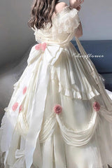 Ivory Tana Manor Rose Flower Long Sleeves Ruffle Bowknot Elegant Sweet Princess Lolita Strapless Dress - Product - 2
