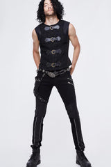 Black Coarse Texture Woolen Patchwork Heat Seal Backing Leather Loop Rough Selvage Men's Punk Waistcoat - Product - 5