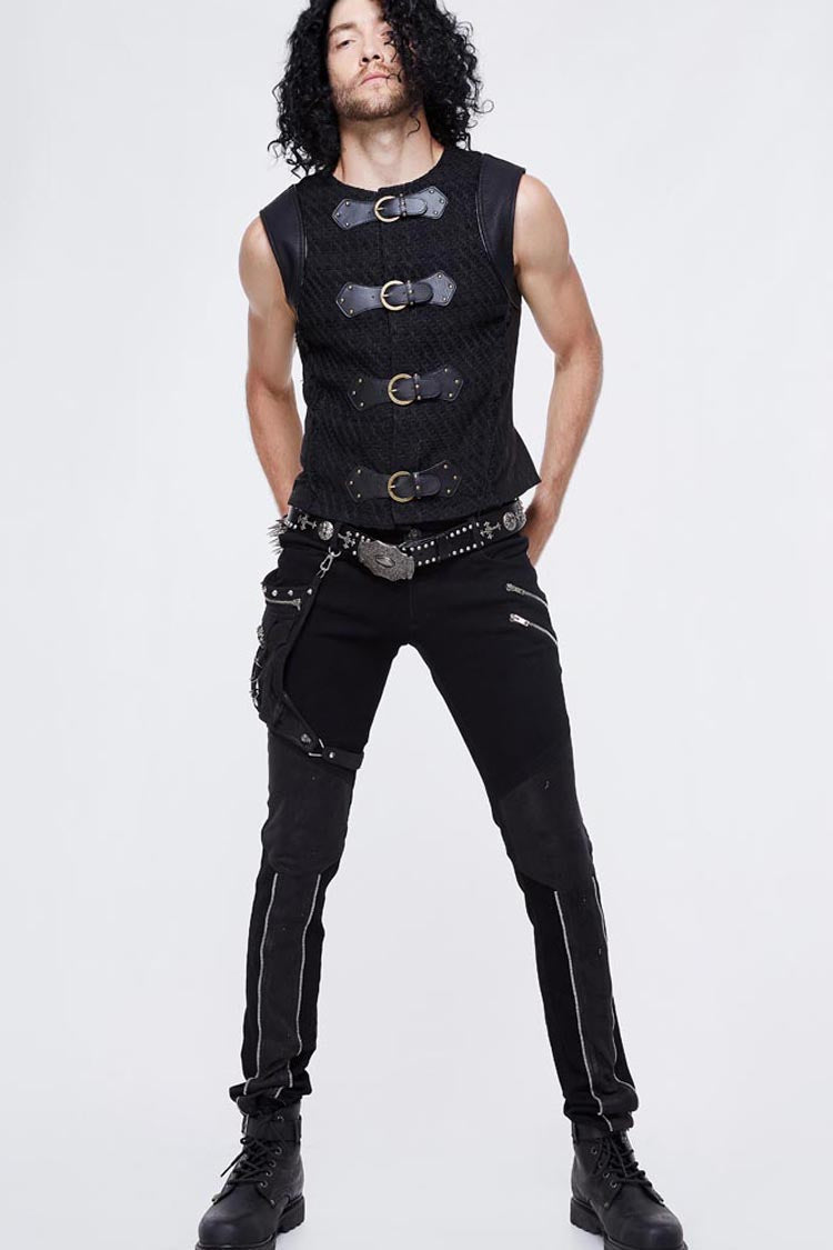 Black Coarse Texture Woolen Patchwork Heat Seal Backing Leather Loop Rough Selvage Men's Punk Waistcoat - Product - 5