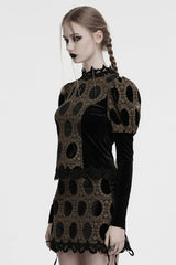 Coffee Long Puff Sleeves Print Embroidery Women's Gothic Blouse - Product - 2