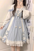 White/Blue Navy Collar Long Sleeves Print Ruffle Bowknot Sweet Princess (Dress Only) detail view 2
