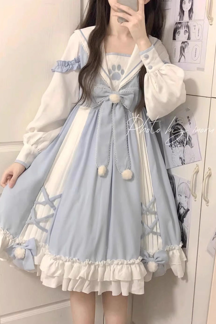 White/Blue Navy Collar Long Sleeves Print Ruffle Bowknot Sweet Princess Lolita Dress - White/Blue - 1