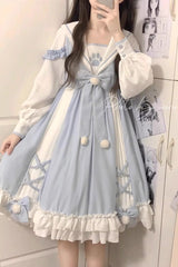 White/Blue Navy Collar Long Sleeves Print Ruffle Bowknot Sweet Princess Lolita Dress - White/Blue - 1