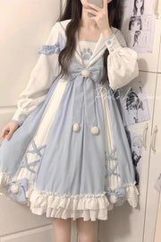 White/Blue Navy Collar Long Sleeves Print Ruffle Bowknot Sweet Princess (Dress Only) detail view 2