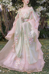 Gorgeous Embroidery With Pearl Accessories Women's Sweet Hanfu Dress Full Set 3 Colors - Green - 1