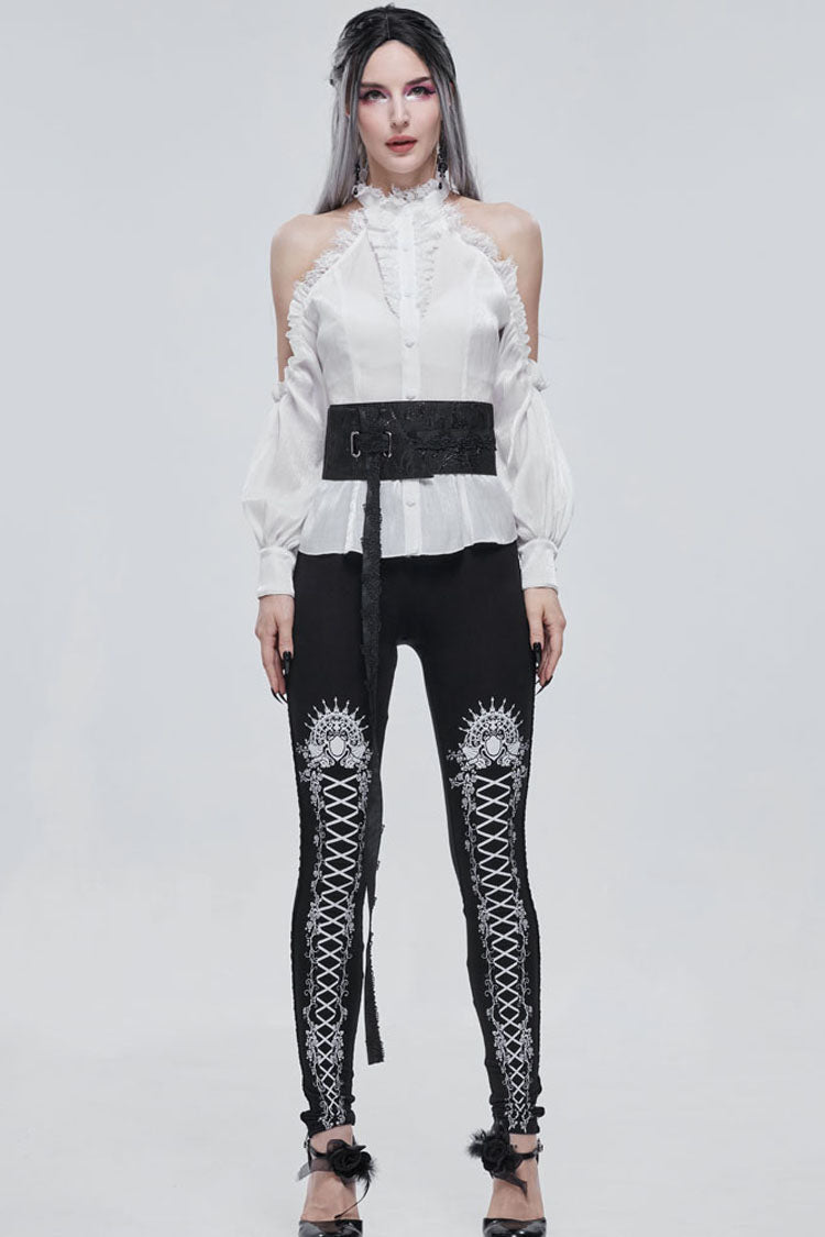 Black/White Gothic Printed Decoration Tie-Rope Elasticity Women's Leggings - Product - 6