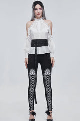 Black/White Gothic Printed Decoration Tie-Rope Elasticity Women's Leggings - Product - 6