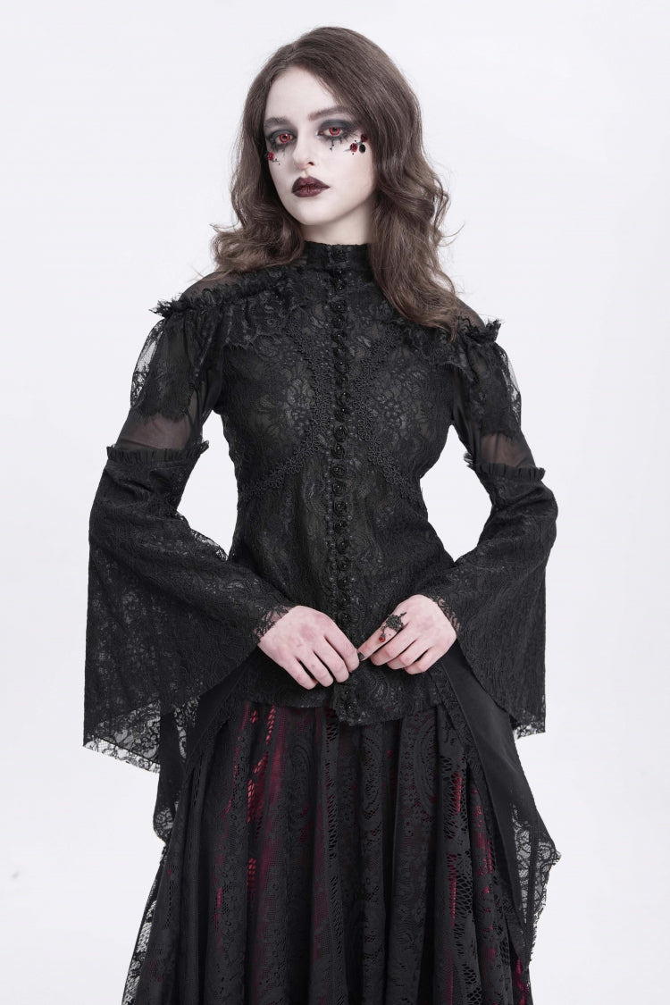 Black Stand Collar Long Trumpet Sleeves Embroidery Stitching Lace Women's Gothic Blouse - Black - 1